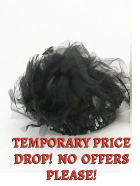 RETRO BLACK PILL BOX FEATHER AND SEQUIN FASCINATOR STYLE HAT WITH TULLE NETTING